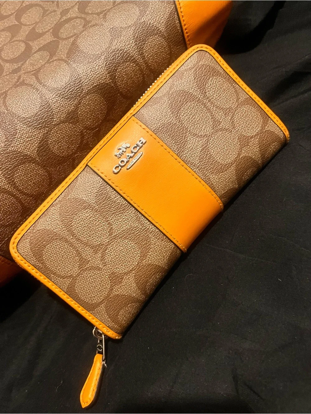 Coach Tan Signature Tote with Orange Leather Trim and Matching Wallet